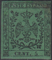 PV71 - 1852 - Aquila estense, c. 5 verde, emissione senza punto dopo la cifra, nuovo con gomma originale (1)