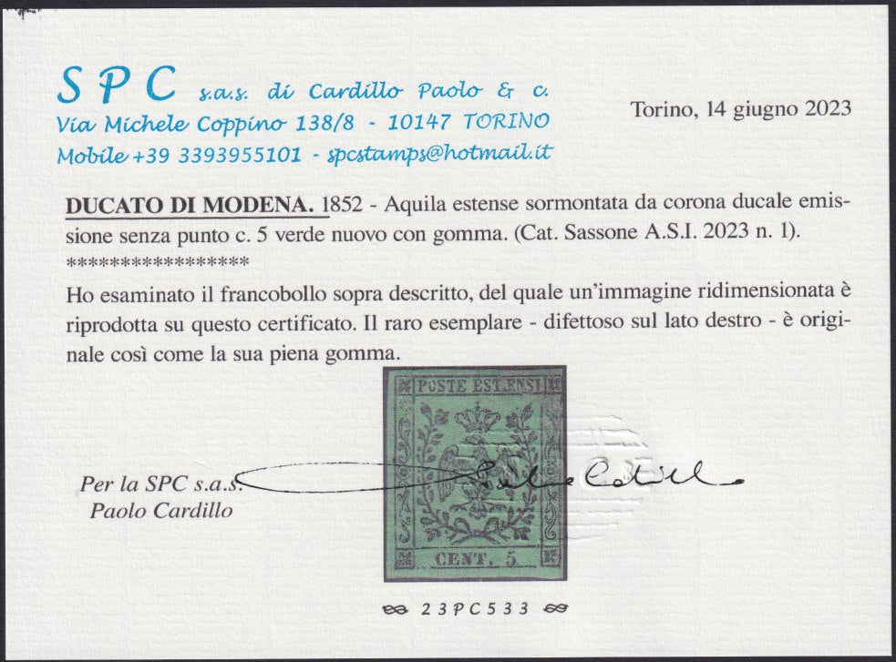 PV71 - 1852 - Aquila estense, c. 5 verde, emissione senza punto dopo la cifra, nuovo con gomma originale (1)
