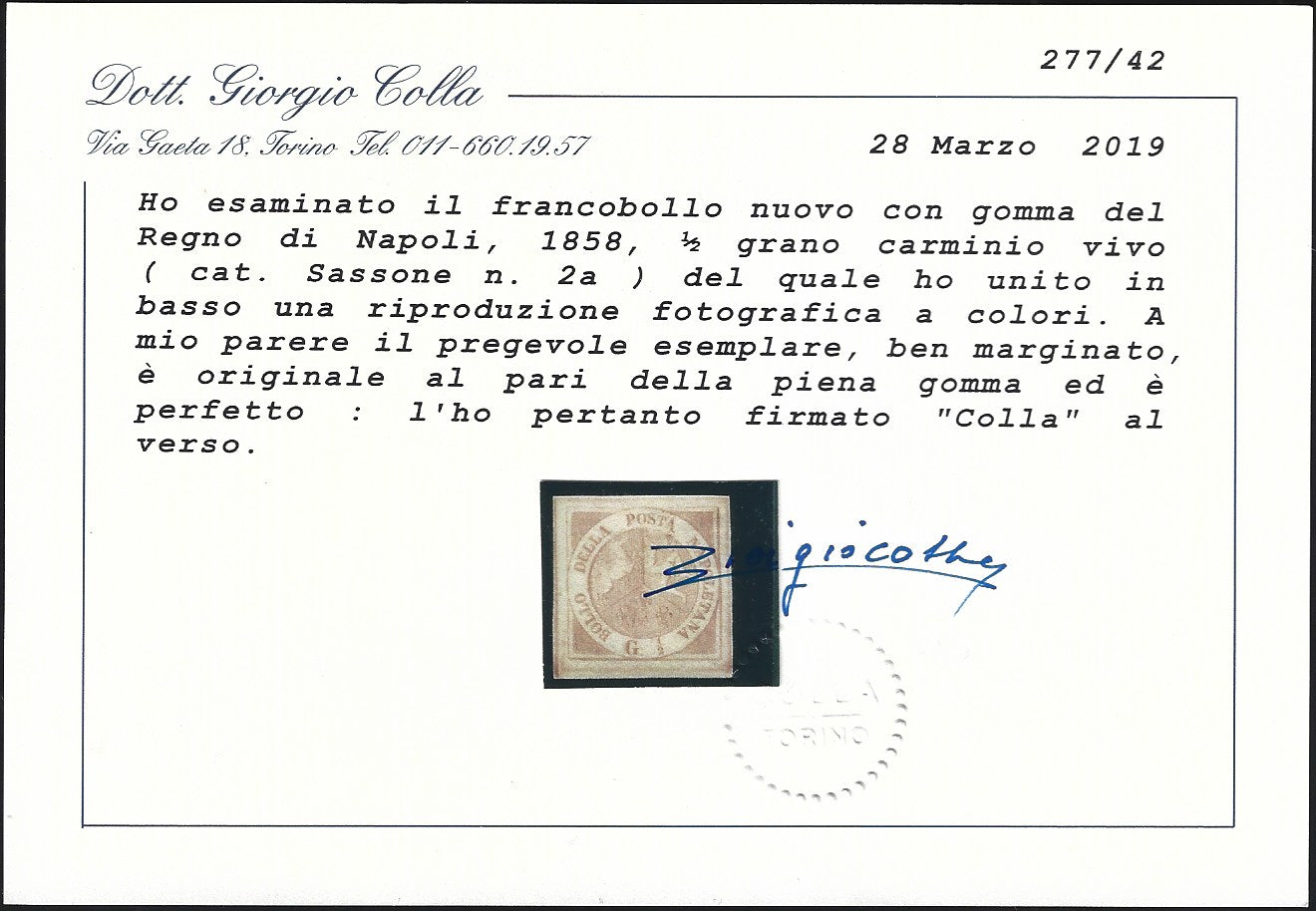 1858 - Stemma delle Due Sicilie 1/2 grano carminio vivo II tavola nuovo con gomma originale (2a)