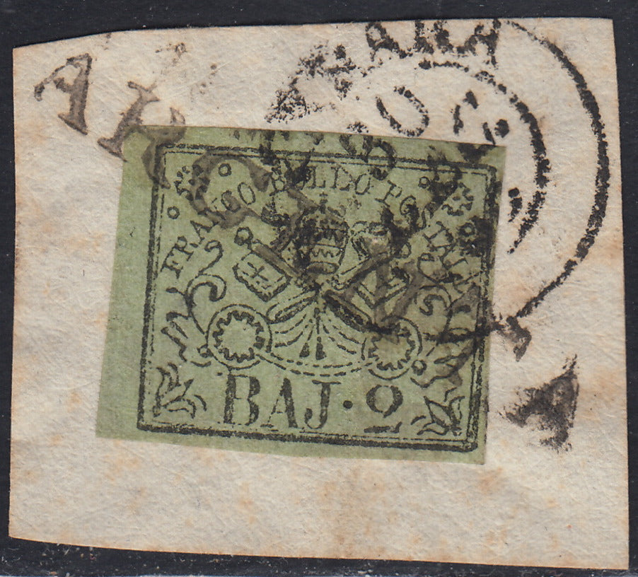 Pont100 - 1852 - I emissione 2 baj verde oliva I composizione usato su frammento con annulli di Ferrara + Argenta lineare (3)