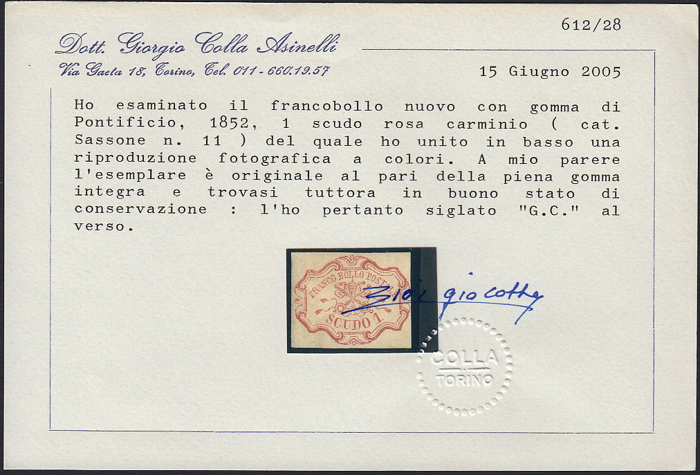 Pont112 - 1852  - Stato Pontificio I emissione 1 scudo carminio nuovo con gomma integra (11)