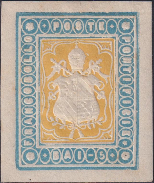 Pont114 - 1864 - Saggio Giuseppe Re 5 baj dark blue and new yellow with gum (S14).