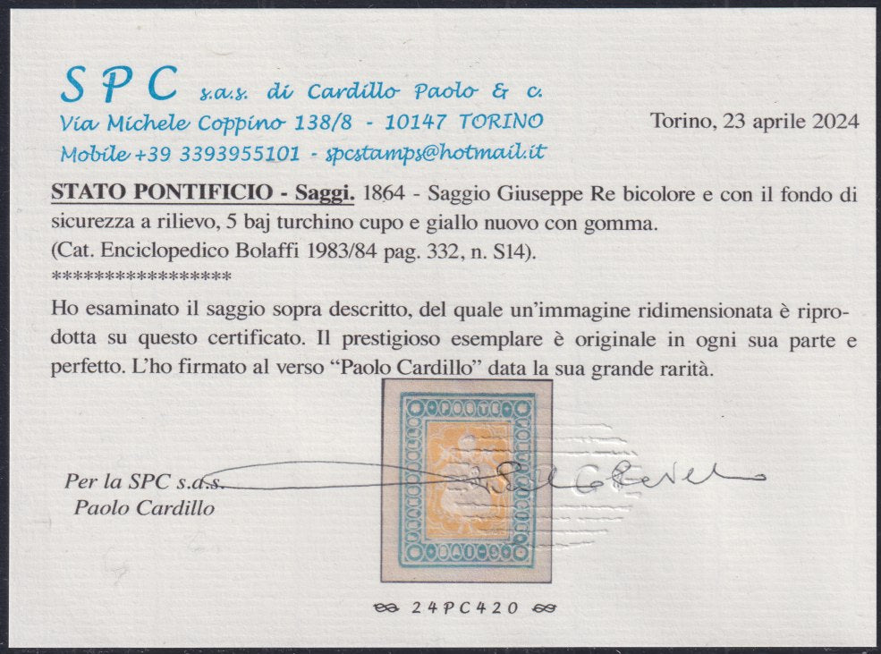Pont114 - 1864 - Saggio Giuseppe Re 5 baj azul oscuro y amarillo nuevo con goma (S14).