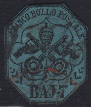 Pont40 - 1852 - I emissione 7 baj azzurro usato, taglio all'inglese lungo il riquadro del francobollo, molto carino! (8)