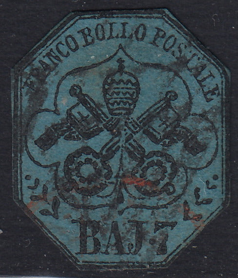 Pont40 - 1852 - I emissione 7 baj azzurro usato, taglio all'inglese lungo il riquadro del francobollo, molto carino! (8)