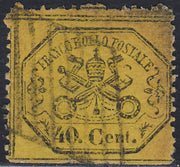 Pont89 - 1868 - III emissione c. 40 giallo fosco su carta lucida, fogli tipo "B" usato (29e)