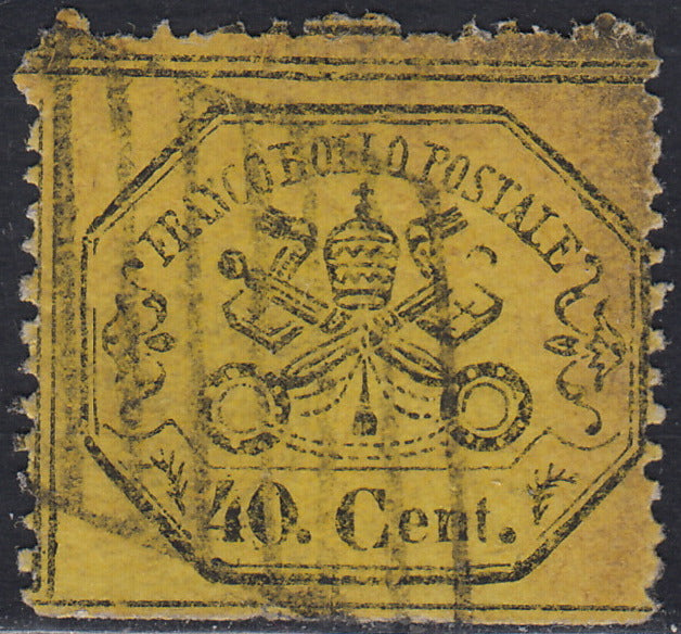 Pont89 - 1868 - III emissione c. 40 giallo fosco su carta lucida, fogli tipo "B" usato (29e)