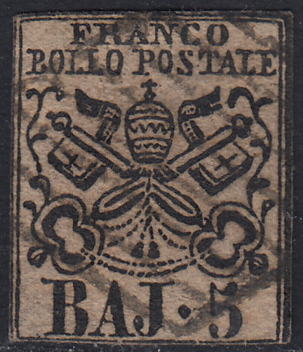 Pont97 - 1852 - I emissione 5 baj rosa chiaro I composizione usato e con decalco (6fa)