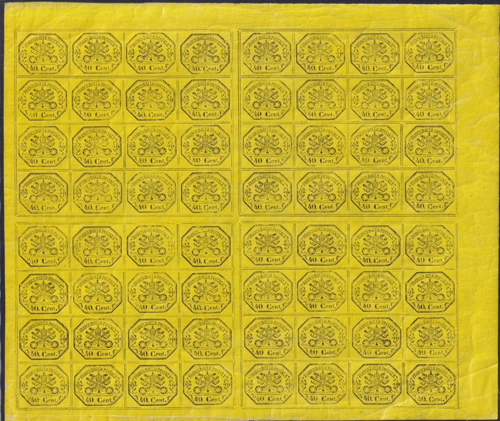 PONTF1 - 1867 - Stato Pontificio, II emissione 40 centesimi giallo limone foglio di 64 esemplari nuovo con gomma (29)