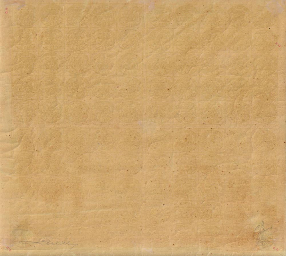 F14-201 - 1867 - Estado Papal, 2da edición 20 centavos marrón rojizo hoja completa de 64 ejemplares incluyendo todos los espacios de grupo y el corazón de la hoja, nuevo con goma intacta (18)