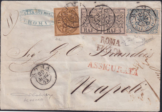 PontSP17 - 1855 - Letter sent from ROME to Naples 22/5/55 franked with 3 orange bistro baj in oily gray ink + 5 pink baj pair + 50 blue baj (4e + 6 + 10)