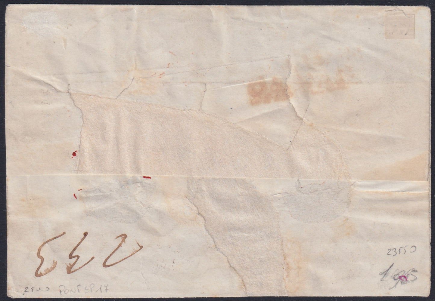 PontSP17 - 1855 - Letter sent from ROME to Naples 22/5/55 franked with 3 orange bistro baj in oily gray ink + 5 pink baj pair + 50 blue baj (4e + 6 + 10)