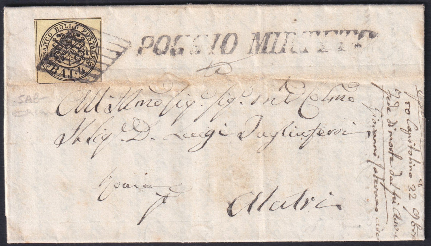 PONTSP65 - 1859 - Lettera da Poggio Mirteto per Amatrice 18/9/59 affrancata con 4baj giallo chiaro carta a macchina (5Ab)