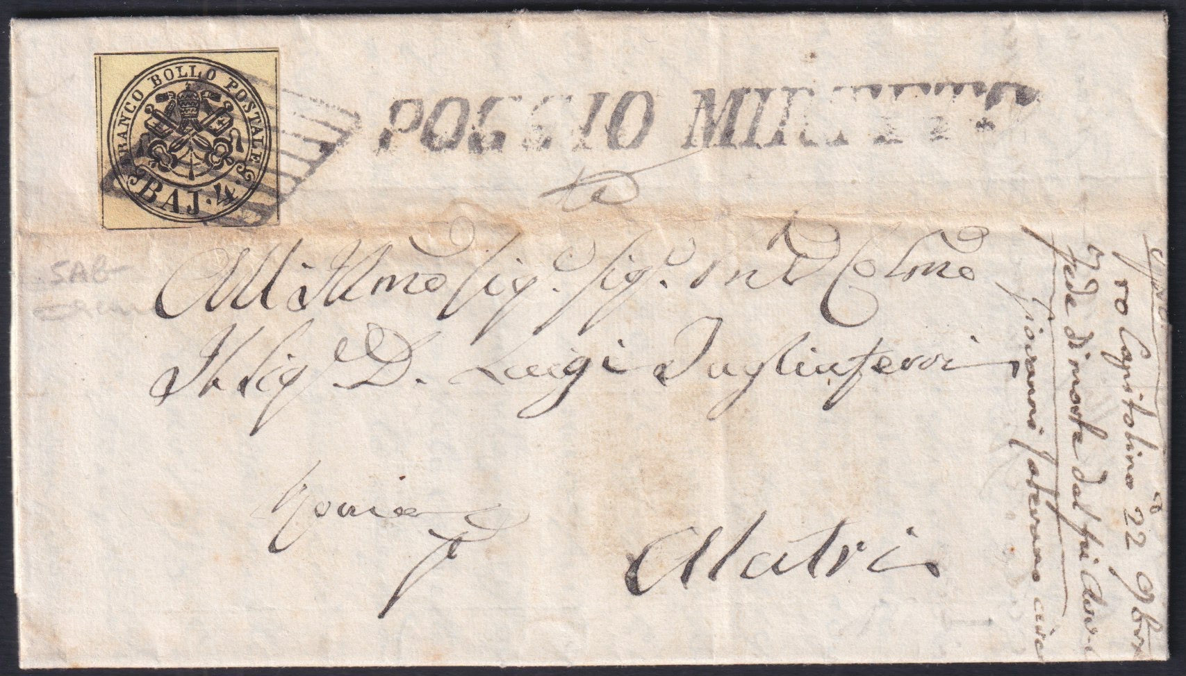 PONTSP65 - 1859 - Lettera da Poggio Mirteto per Amatrice 18/9/59 affrancata con 4baj giallo chiaro carta a macchina (5Ab)