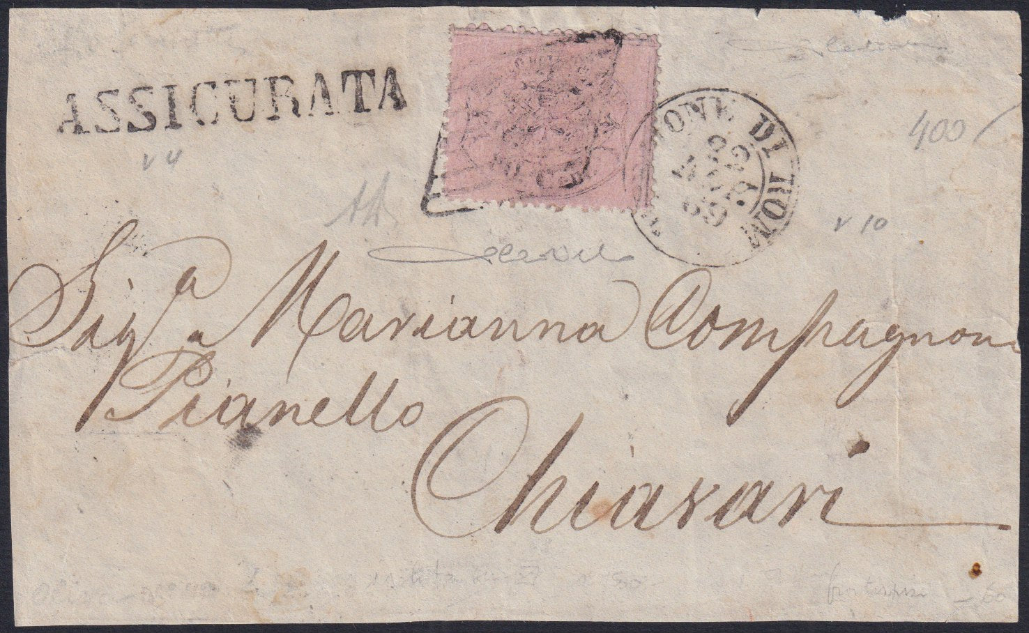 PontSP63 - 1869 - Fronte di Lettera assicurata da direzione di Roma per Chiavari 22/7/69 affrancata con c. 80 rosa chiaro isolato (30).