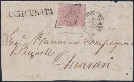 PontSP63 1869 - Fronte di Lettera assicurata da direzione di Roma per Chiavari 22/7/69 affrancata con c. 80 rosa chiaro isolato (30).