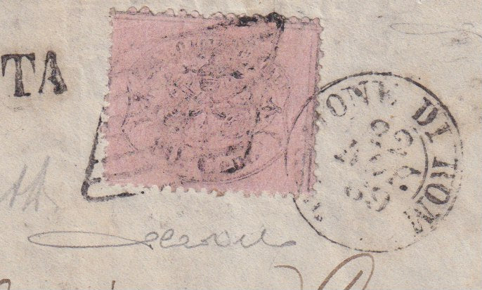 PontSP63 - 1869 - Fronte di Lettera assicurata da direzione di Roma per Chiavari 22/7/69 affrancata con c. 80 rosa chiaro isolato (30).