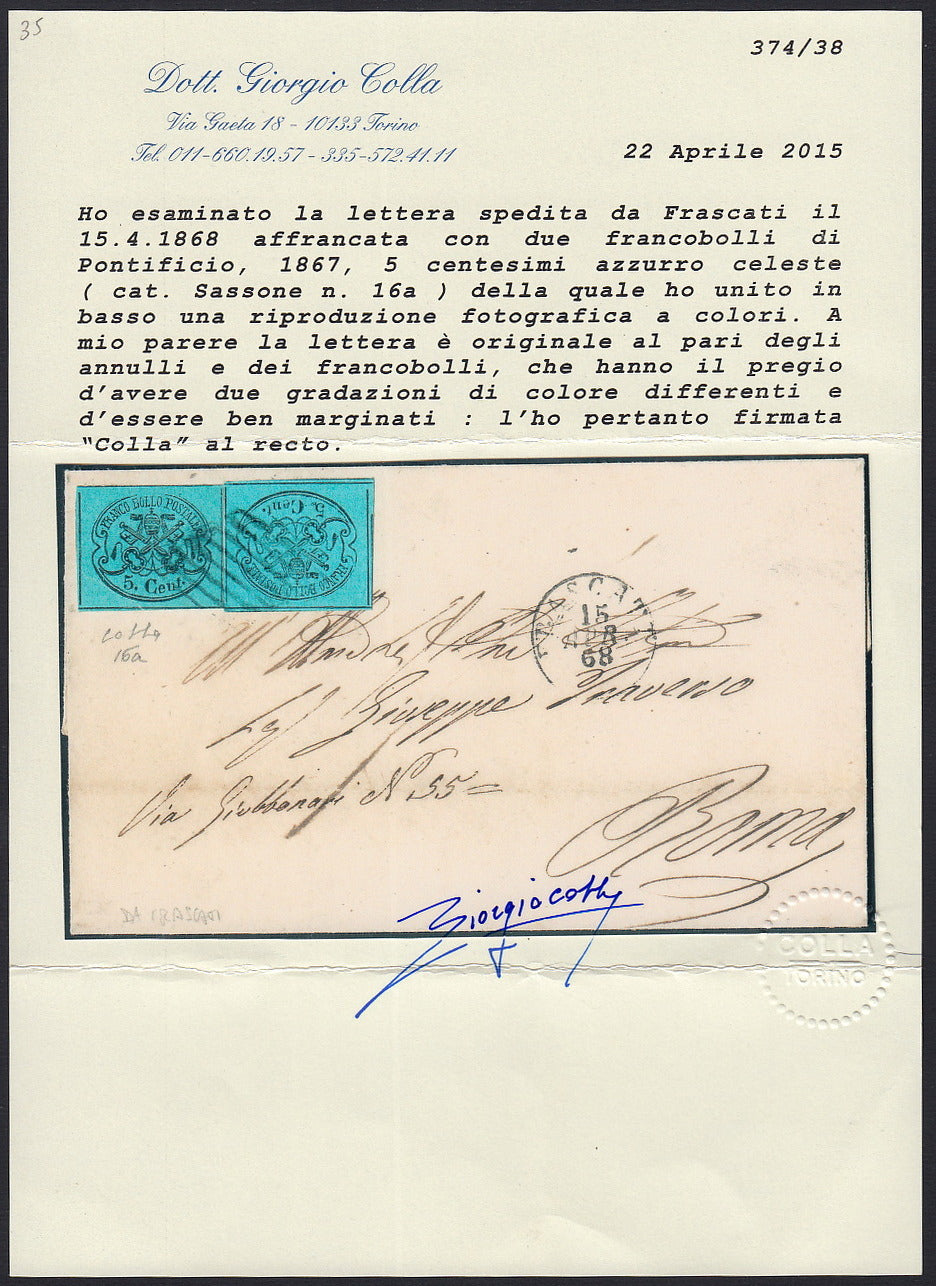 PontSP18 - 1868 - Letter sent from Frascati to Rome 15/4/68 franked with second issue c. 5 light blue two copies of which one with "diversity of dots after the digit" variety (16a + 16b)