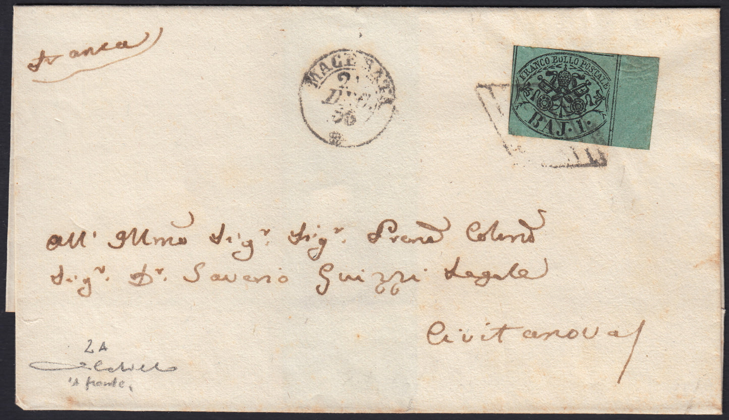 Pontsp46 - 1856 - Lettera spedita da Macerata per Civitanova 21/12/56 affrancata con 1 baj verde suro isolato a fronte (2A).j grigio coppia (1). (copia)