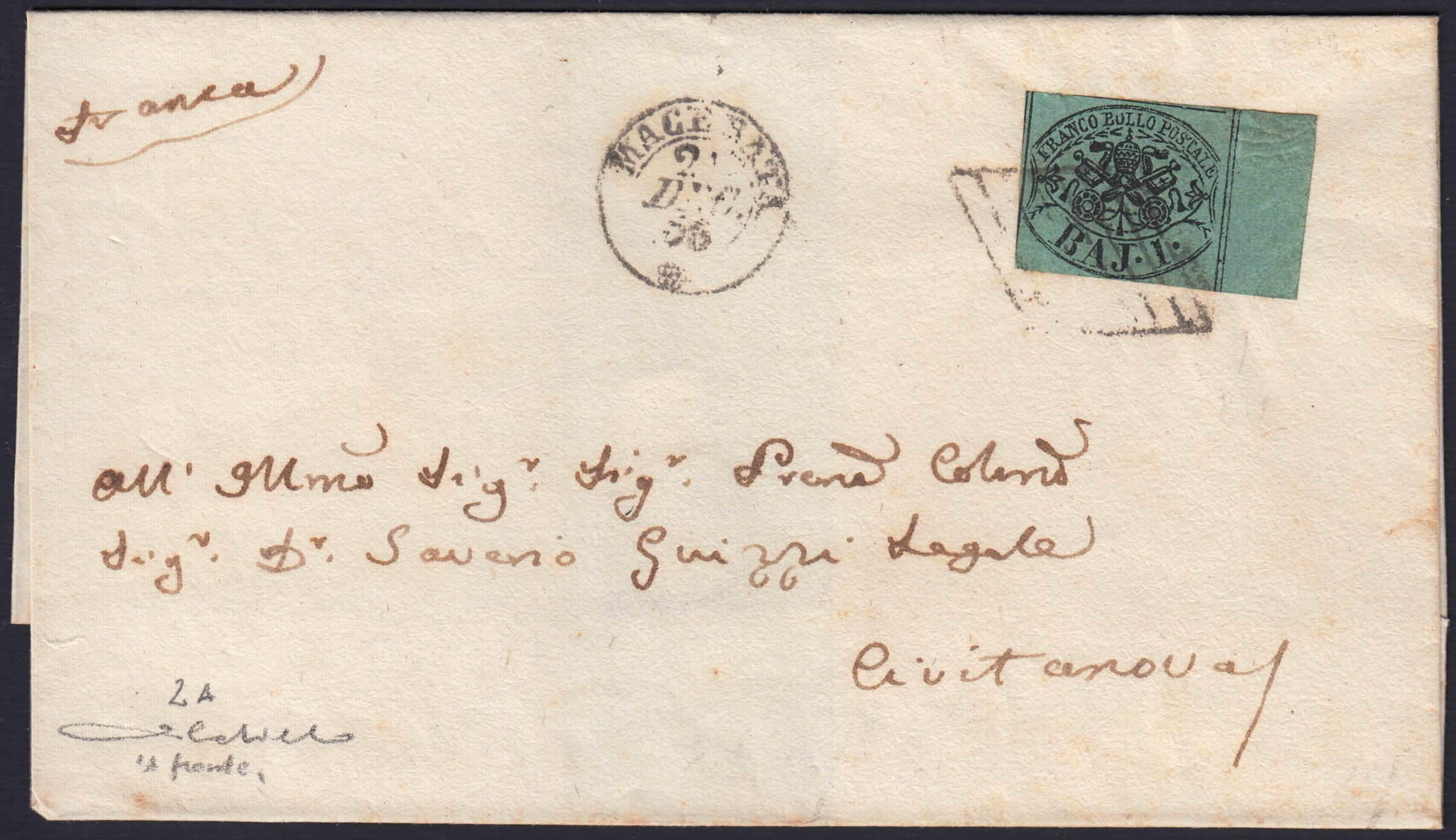 BA23-152 1856 - Letter sent from Forlì to Pesaro 13/8/56 franked with 4 light brown baj (5).