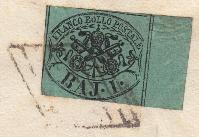 Pontsp46 - 1856 - Lettera spedita da Macerata per Civitanova 21/12/56 affrancata con 1 baj verde suro isolato a fronte (2A).j grigio coppia (1). (copia)