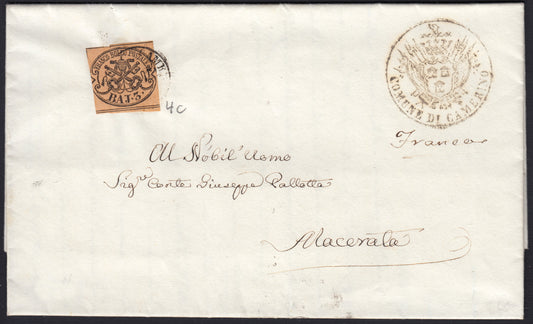 PontSp47 1852 - Lettera spedita da Camerino per Macerata affrancata con 3 baj camoscio (4c)