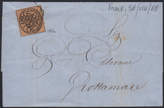 PontSp48 1860 - Lettera spedita da Fano per Grottammare 26/8/60 affrancata con 3 baj bruno grigiastro (4Ab)