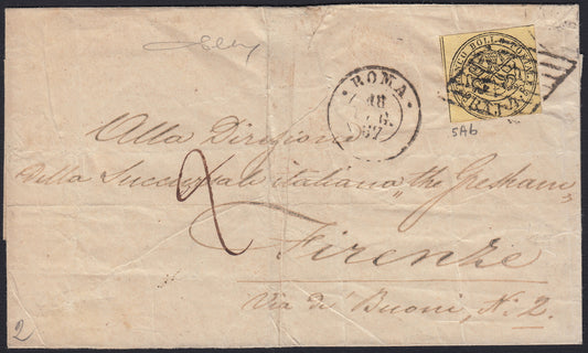 PontSp50 1867 - Lettera spedita da Roma per Firenze 18/7/67 affrancata con 4 baj giallo chiarissimo (5Ab).