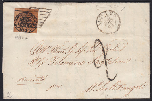 PontSp51 1861 - Lettera spedita da Albano per Monte San Pietrangeli 22/12/61 affrancata con 3 baj bruno cuoio chiaro (4Aca).