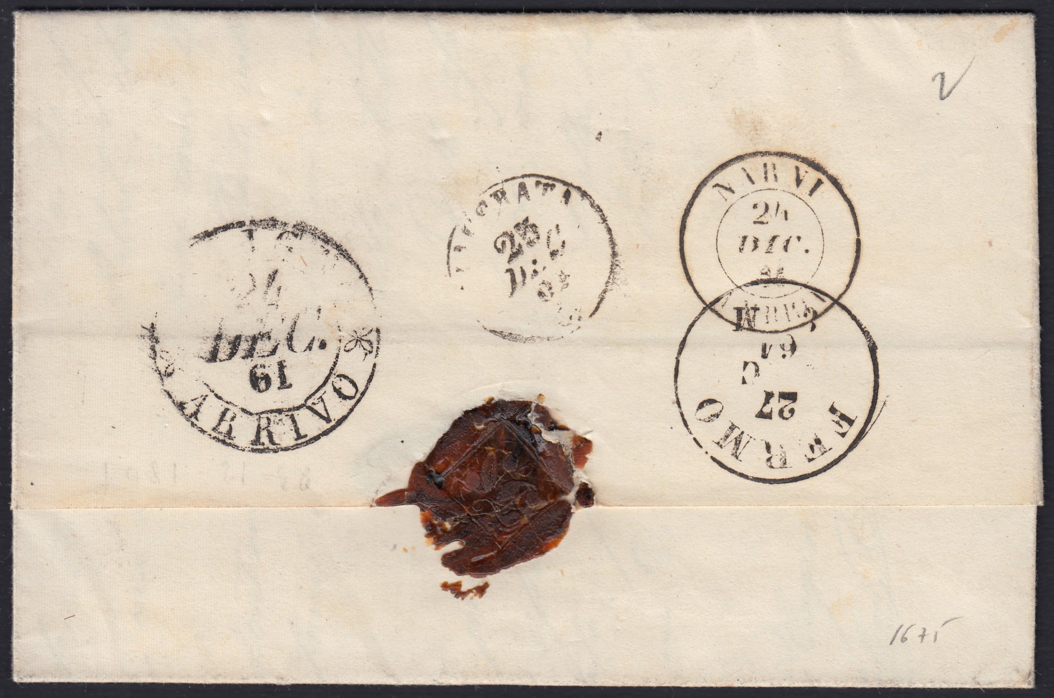 PontSp51 - 1861 - Lettera spedita da Albano per Monte San Pietrangeli 22/12/61 affrancata con 3 baj bruno cuoio chiaro (4Aca).