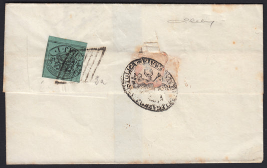PontSp52 1861 - Lettera spedita da Macerata per CIvitanova affrancata con b. 1 verde azzurro a verso (2a)