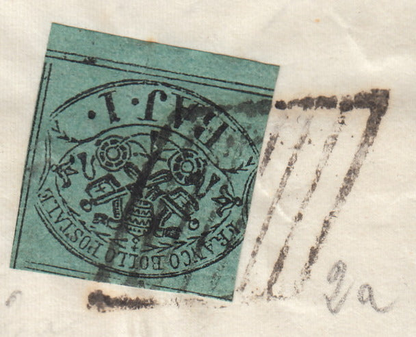 PontSp52 - 1861 - Lettera spedita da Macerata per CIvitanova affrancata con b. 1 verde azzurro a verso (2a)