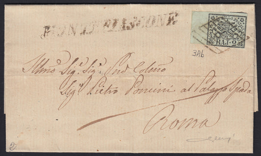 PontSp53 1866 - Lettera spedita da Montefiascone per Roma 8/8/66 affrancata con b. 2 bianco azzurrastro (3Ab)