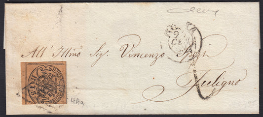 PontSp54 1863 - Lettera spedita da Roma per Foligno affrancata con b. 3 bruno (4Aa).