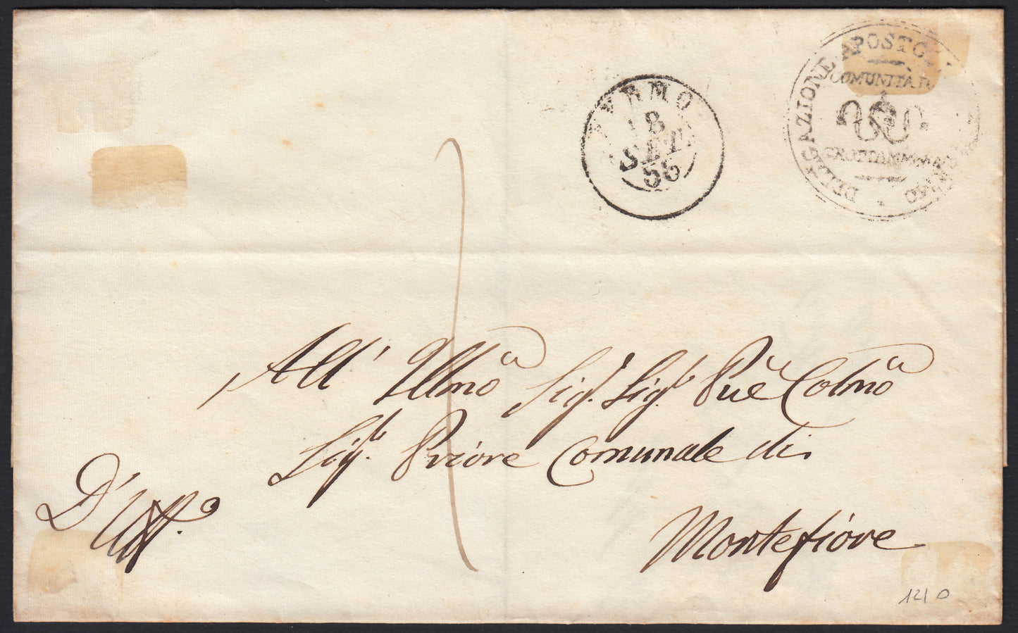 F24_64 - 1856 - Lettera spedita da Grottammare per Montefiore 18/9/56 affrancata con 1/2 baj grigio coppia (1).