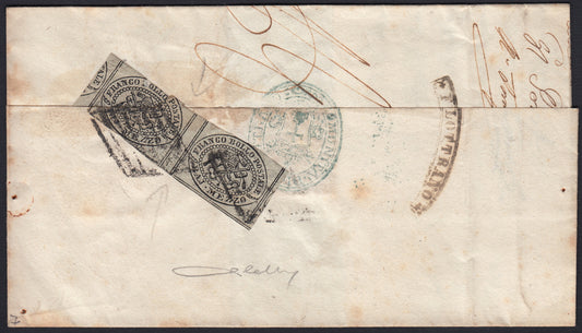 PontSp56 1866 - Lettera spedita da Filottrano per Macerata afafrancata cn 1/2 baj grigio coppia orizzontale con interspazio di gruppo (1).