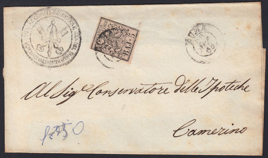 PontSp60 1863 - Lettera spedita da Roma per Camerino affrancata con b. 5 rosa chiaro (6)