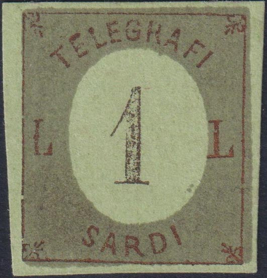 Prova1 - 1854 - TELEGRAFI SARDI, su fondo della III emissione I composizione su cartoncino, L.1 rame e verde chiaro nuovo non gommato (S5)