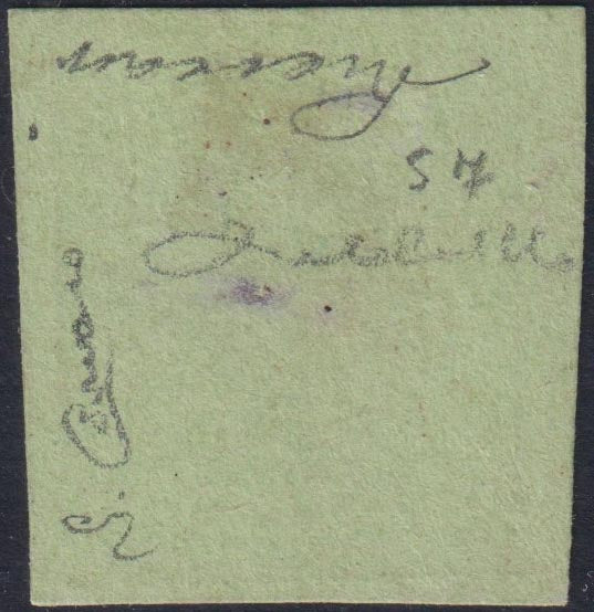 Prova1 - 1854 - TELEGRAFI SARDI, su fondo della III emissione I composizione su cartoncino, L.1 rame e verde chiaro nuovo non gommato (S5)