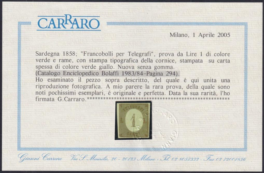 Prova1 - 1854 - TELEGRAFI SARDI, su fondo della III emissione I composizione su cartoncino, L.1 rame e verde chiaro nuovo non gommato (S5)