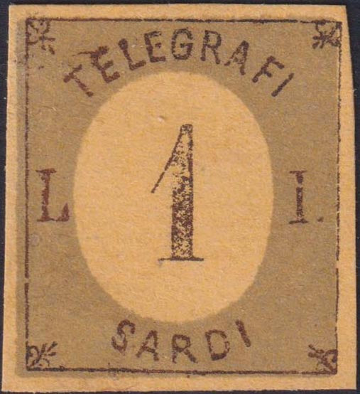 Prova2 - 1854 - TELEGRAFI SARDI, su fondo della III emissione I composizione su cartoncino, L.1 rame e giallo ocra nuovo non gommato (S7a)