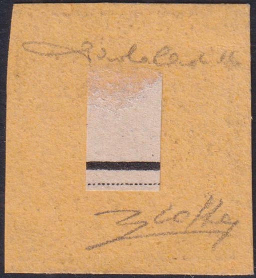 Prova2 - 1854 - TELEGRAFI SARDI, su fondo della III emissione I composizione su cartoncino, L.1 rame e giallo ocra nuovo non gommato (S7a)