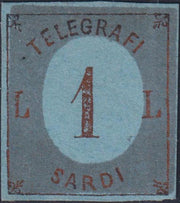 Prova3 - 1854 - TELEGRAFI SARDI, su fondo della III emissione I composizione su cartoncino, L.1 rame e azzurro nuovo non gommato (S6)