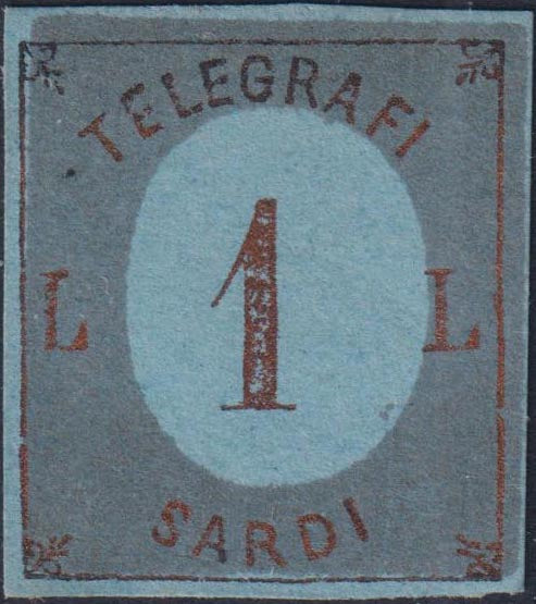 Prova3 - 1854 - TELEGRAFI SARDI, su fondo della III emissione I composizione su cartoncino, L.1 rame e azzurro nuovo non gommato (S6)