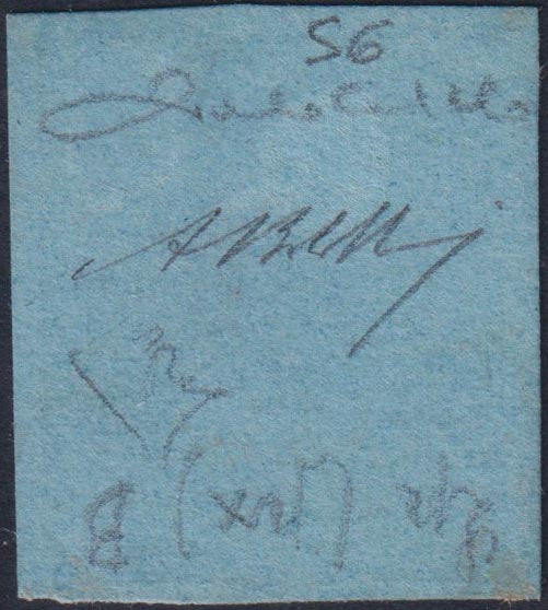 Prova3 - 1854 - TELEGRAFI SARDI, su fondo della III emissione I composizione su cartoncino, L.1 rame e azzurro nuovo non gommato (S6)