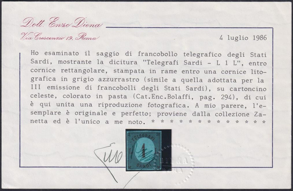 Prova3 - 1854 - TELEGRAFI SARDI, su fondo della III emissione I composizione su cartoncino, L.1 rame e azzurro nuovo non gommato (S6)