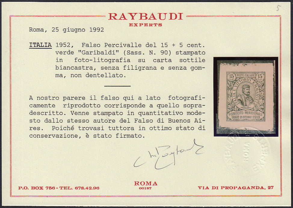REP27 - 1910 - Plebiscito nell'Italia Meridionale, Garibaldi c. 15 + 15 verde falso Percivalle fotolitografico nuovo non gommato, splendido!