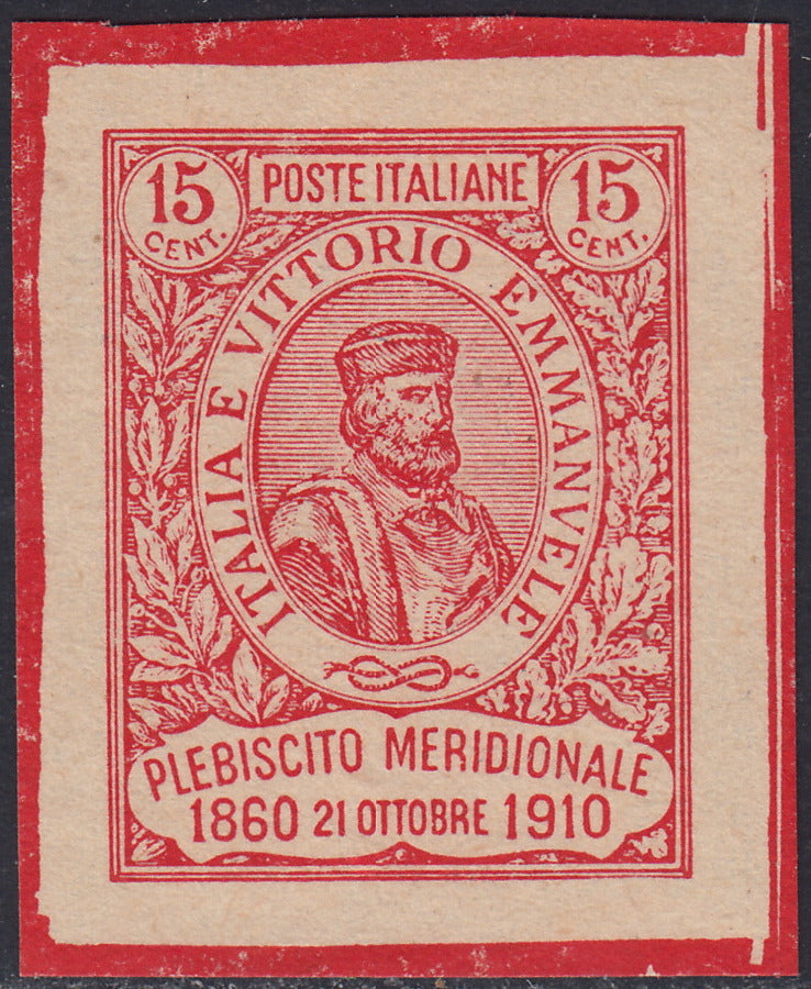 REP28 - 1910 - Plebiscito nell'Italia Meridionale, Garibaldi c. 15 + 15 carminio falso Percivalle fotolitografico nuovo non gommato, splendido!