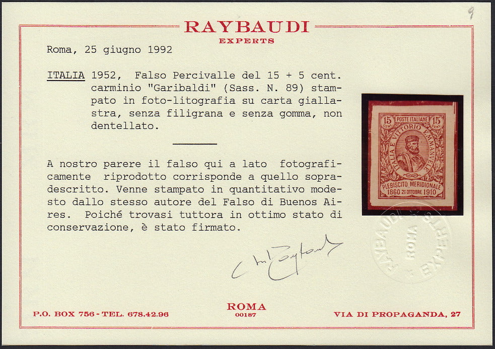 REP28 - 1910 - Plebiscito nell'Italia Meridionale, Garibaldi c. 15 + 15 carminio falso Percivalle fotolitografico nuovo non gommato, splendido!