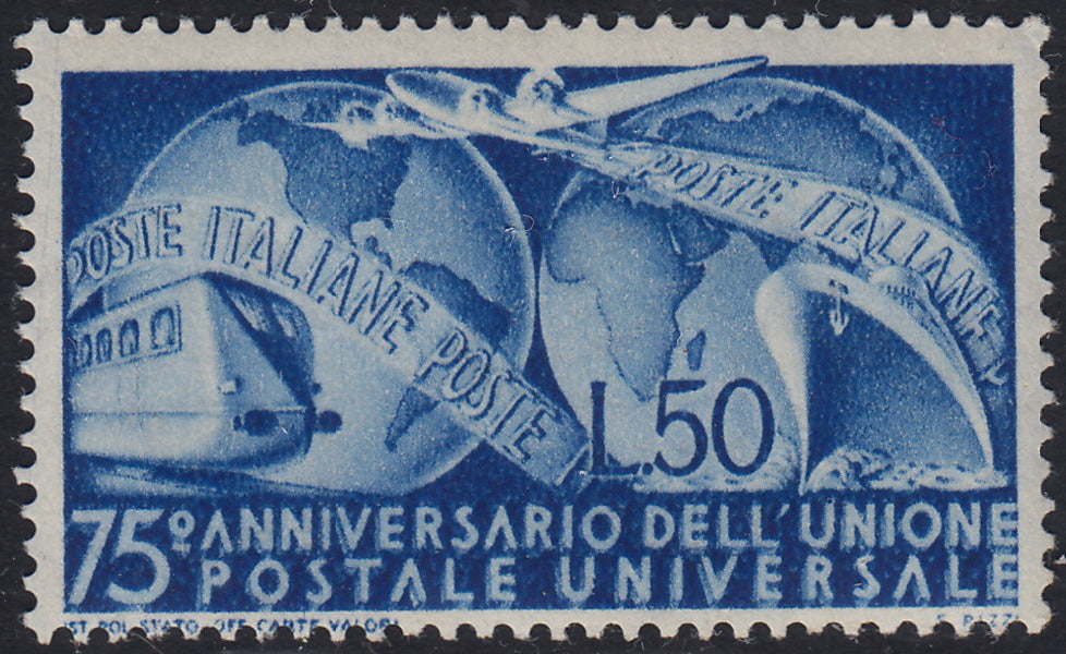 REP43 -  1949  - Filigrana ruota alata, UPU L 50 azzurro nuovo gomma integra (599)